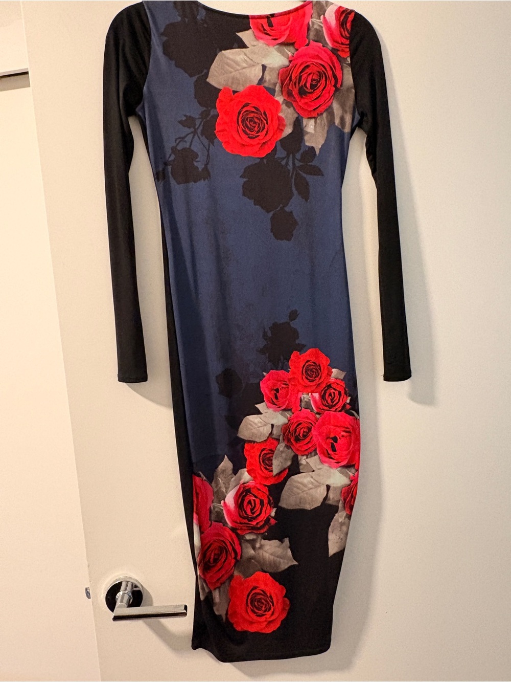 ASOS Navy and Black Long Sleeve Dress with Red Rose Print